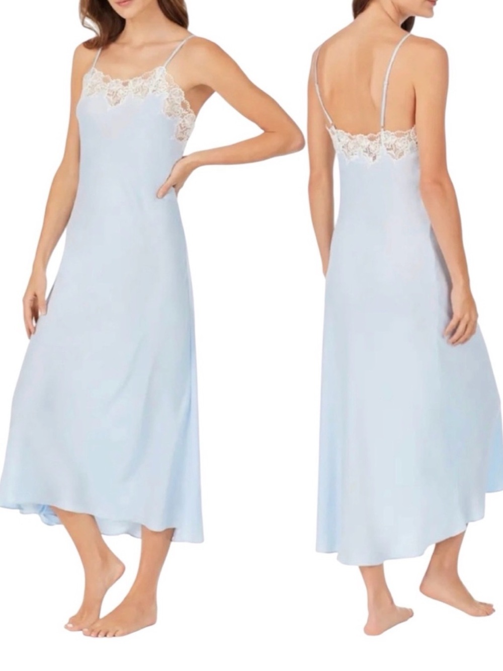 Eileen West Lace Trim Sleeveless Satin Nightgown In Blue Size S